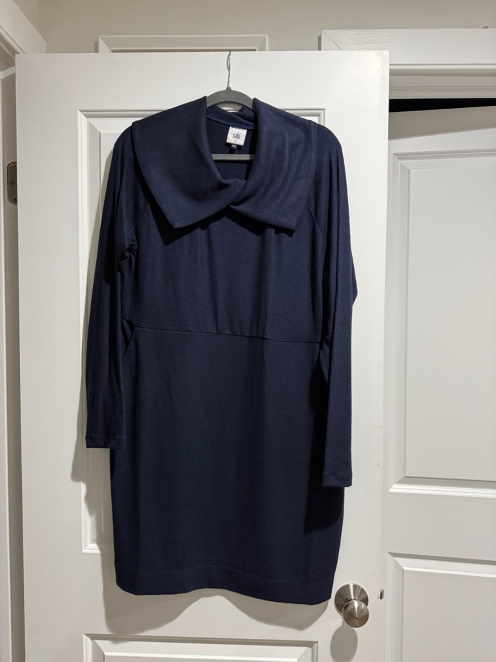 NWOT CAbi Navy Long-Sleeve Draped Collar Shift Dress